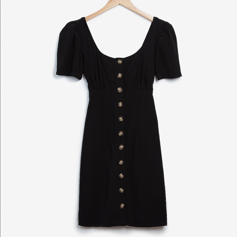 Button front scooped mini dress.